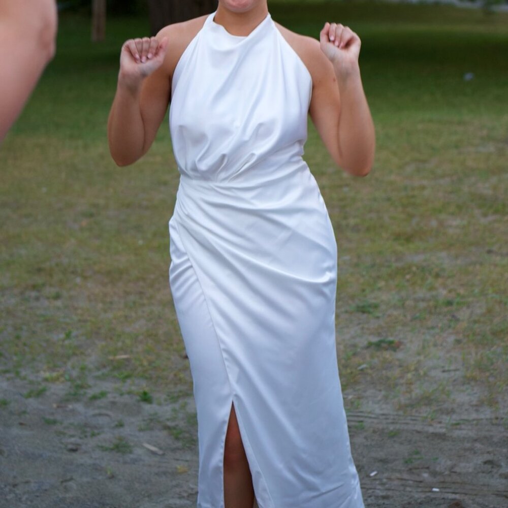 Milla White Mock Neck Sleeveless Low Slit Dress